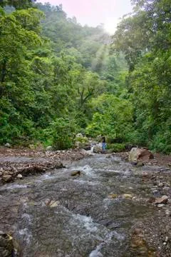 Rishikesh, India - August 18, 2012: A man crossing flowing river in a forest  Stock Photos