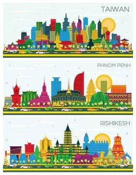 Rishikesh India, Phnom Penh Cambodia and Taiwan City Skyline set with color.. Stock Illustration