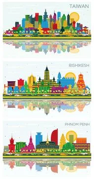 Rishikesh India, Phnom Penh Cambodia and Taiwan City Skyline set with color.. Ilustração Stock