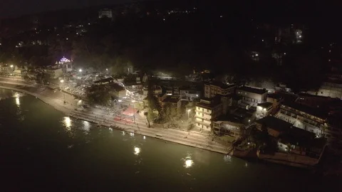 Rishikesh night 4k drone aerial, ungraded/flat Stock Footage 107674072