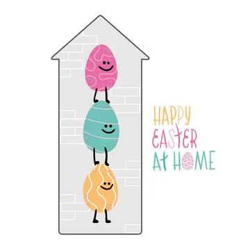 Risible, funny, chierfull easter eggs standing on each other at home. Concept Stock Illustration