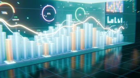 Rising 3D bars forming dashboard from rail in control hub, showing data with Stock Footage 348240481