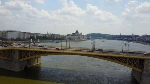Rising above Margit Bridge on the River Danube in Budapest, Hungary Stock Footage 77109874