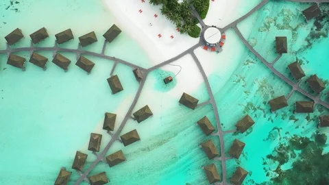 Rising Aerial Drone Shot of Luxury Resort Water Bungalows Stock Footage