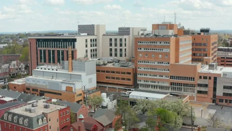 Rising aerial of Penn Medicine, Lancaster General Hospital. Exterior Stock Footage