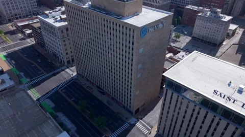 Rising Aerial Shot Of Netrality Data Center Facility In Downtown St. Louis Stock Footage 340114907