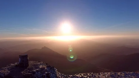 Rising aerial shot from the summit of Mount Snowdon, UK. Stock Footage 71292945