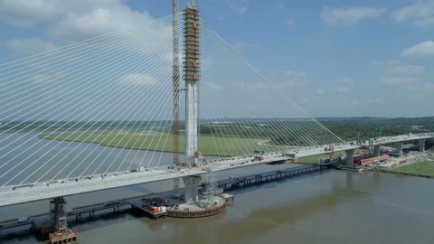 Rising Aerial View of a Cable Stayed Bridge in the Late Construction Phase Stock Footage 78081486
