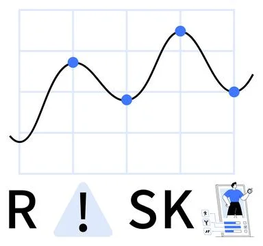 Rising and falling line graph with data points, RISK text featuring an exclam Illustrazione stock