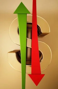 Rising and falling statistic arrows forming a dollar sign with letter S. 3... Stock Photos