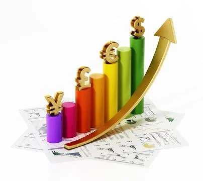Rising arrow and chart with dollar, euro, pound and yen symbols. 3D illustrat Stock Illustration
