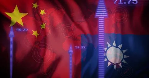 Rising arrows and data points image over flags of China and Taiwan Stock Illustration