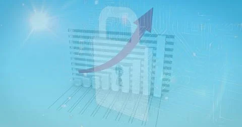 Rising bar chart and arrow image over padlock and circuit board background Stock Illustration