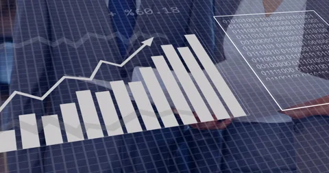 Rising bar chart and binary code animation over business person in background Stock Footage 304256975