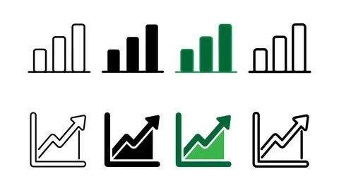 Rising bar chart and growth arrow icon set Illustrazione stock