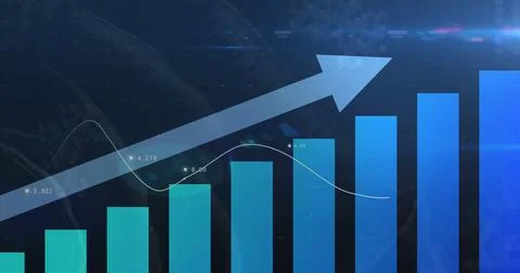 Rising bar chart with upward arrow and data points image Stock Illustration