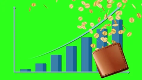 Rising Bar Graph and Coins Flying from Wallet on Green Screen Stock Footage 333160786