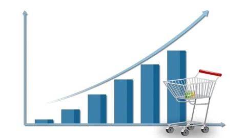 Rising Bar Graph and Upward Arrow with Emptying Shopping Cart Stock Footage 332889641