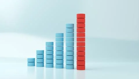 Rising bar graph of blue cylinders with last one red on blue background, abst Ilustración de archivo