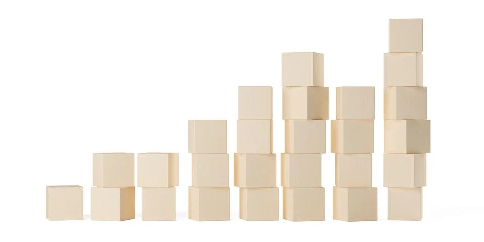 Rising bar graph from multiple stacked wood cubes on white background, fina.. Stock Illustration