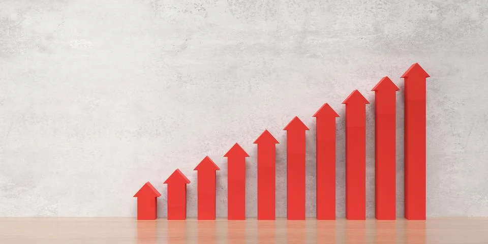 Rising bar graph from red arrows on wooden table over concrete wall backgro.. Stock Illustration
