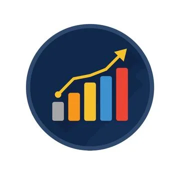 Rising bar graph with upward trending yellow arrow on dark blue circle back.. Illustrazione stock