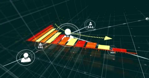 Rising bars moving right, central avatar being framed, lines linking showing Stock Illustration