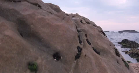 Rising from behind rock on beach at sunset with colorful pink sky Video stock 131765768