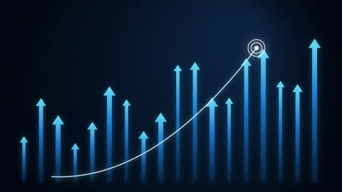 Rising blue arrow bars with glowing growth chart line on digital screen bac.. Stock Footage 347199740
