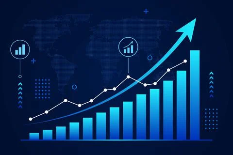 Rising blue bar graph and upward arrow Illustrazione stock