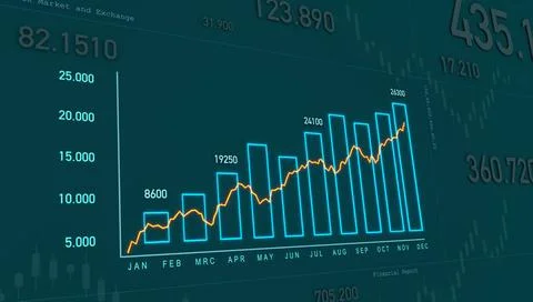  Rising chart, bar graph and line. Chart, graph moving up, progress. Posit... Stock Photos