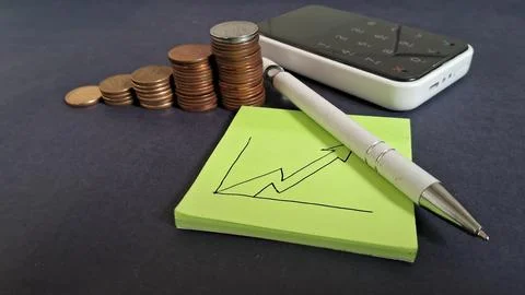 Rising coin stacks beside notepad with arrow growth chart drawing Stock Photos