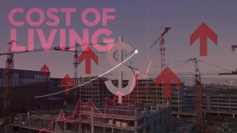 Rising Cost of Living Graph Over Construction Site Skyline Stock Footage 336757611