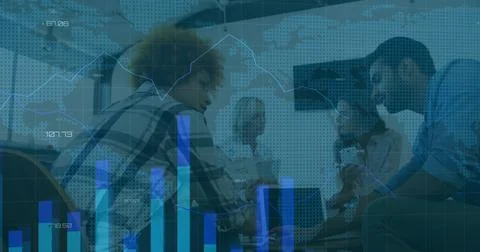 Rising data overlays appearing, causing four colleagues leaning in, exchanging Stock Photos