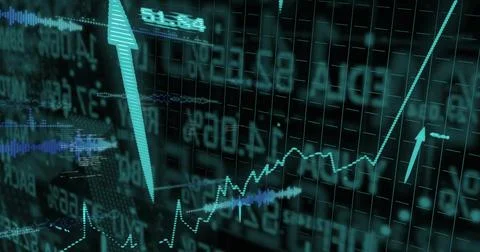 Rising dotted graph on trading terminal with numeric overlays spikes teal arrows Stock Photos