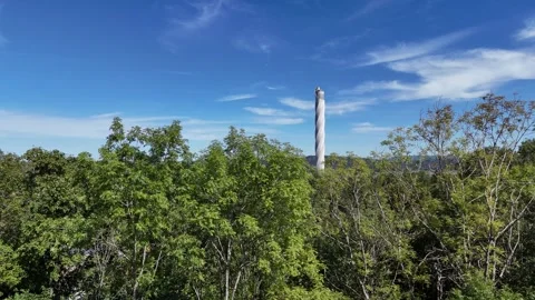 Rising Drone Reveal of Rottweil Elevator Test Tower beyond Forest Stock Footage 345930225