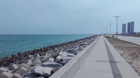 Rising Drone Shot of Sea front of Tropical Ultra Modern City Stock Footage 331874201