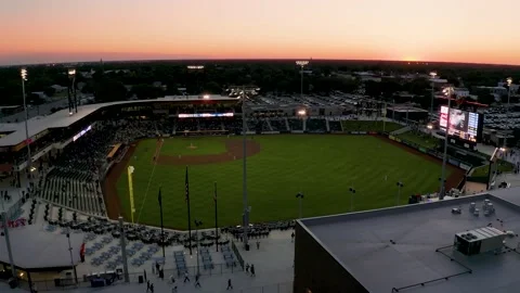 Rising drone shot sunset Riverfront baseball stadium downtown Wichita Kansas 4k Stock Footage 155356136