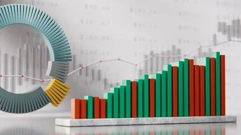 Rising financial bar chart with segmented circular data display イラスト素材
