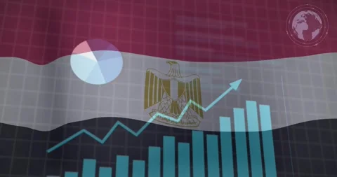 Rising financial graph and pie chart over Egyptian flag and world map Stock Footage 326629256