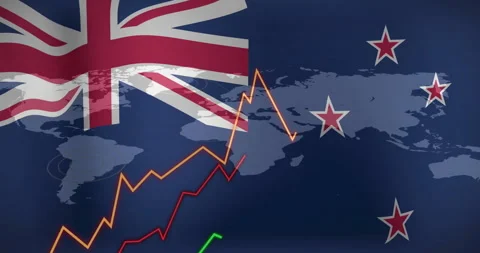 Rising financial graph animation over New Zealand flag and world map Stock Footage 305892655