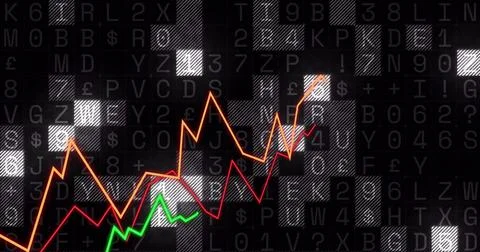 Rising financial graph image over black background with alphanumeric characters Stock Illustration