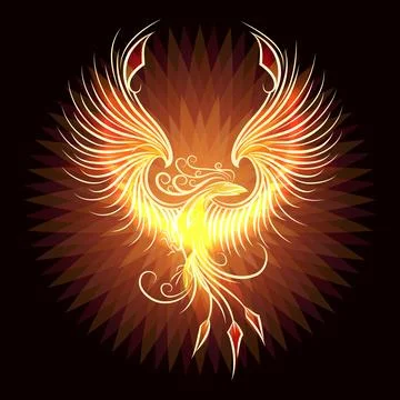 Rising Fire Burning Phoenix Bird on Black Background Stock Illustration