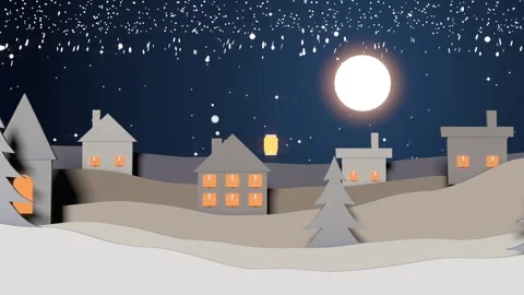 Rising glowing lanterns drifting past paper-cut houses while snow falling as Stock Footage 340268317