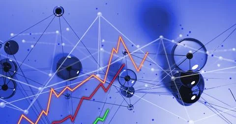 Rising graph and interconnected nodes, data analysis and growth concept image Stock Photos