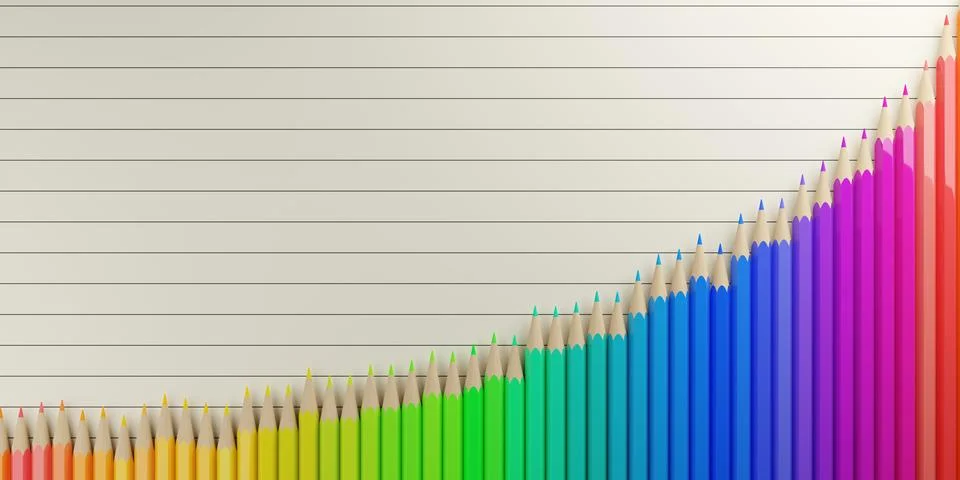 Rising graph chart from spectrum colored pencils on lined paper background,.. Illustrazione stock
