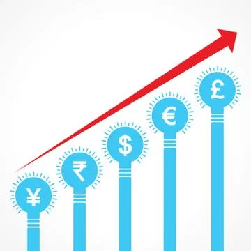 Rising graph of currency bars made of bulbs stock vector Stock Illustration