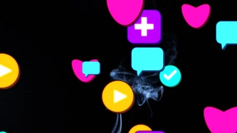 Rising gray smoke column weaving among drifting hearts, chats, ticks, pluses, Vídeos de archivo 331833234