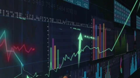 Rising green line causing market wall shifting right showing charts, pulsing 스톡 동영상 335652029