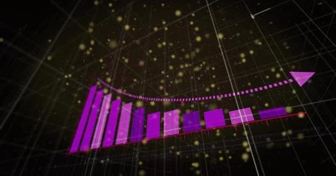 Rising magenta 3D bars arcing upward on tilted base in grid, dotted trend-arrow, Illustrazione stock